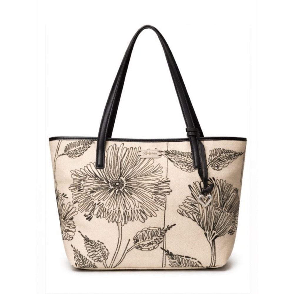Brightonβ Womens Wild Garden Natural Woven Jute Tote Black Embroidered Blossoms